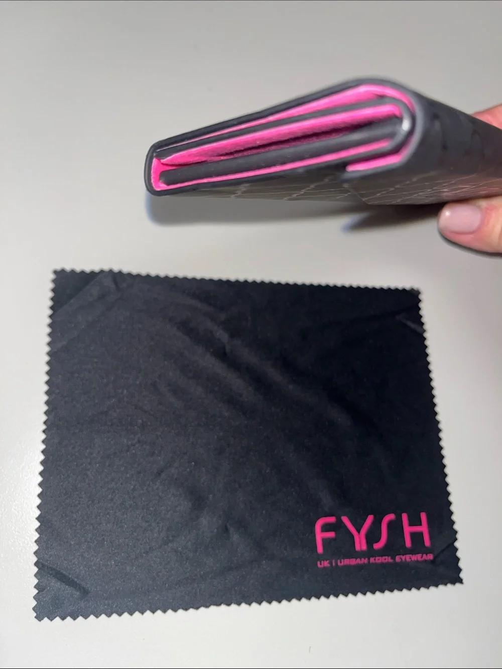 FYSH collapsable Black Sunglass Case with Pink Logo and Matching Cleaning Cloth